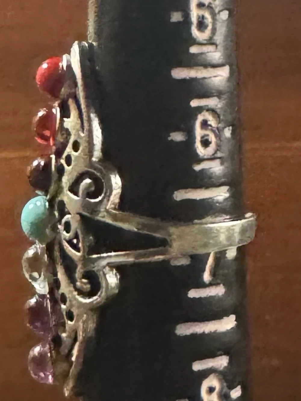 Multi-Gemstone Silver Tone Statement Ring - Red, Brown, Turquoise, Purple